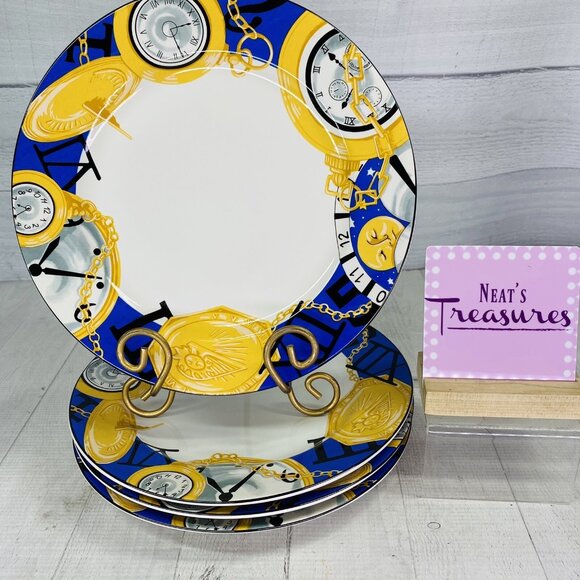 Furio FUO33 Blue Band Gold Pocket Watches Stoneware White Dinner Plates Set 4 - Picture 1 of 16